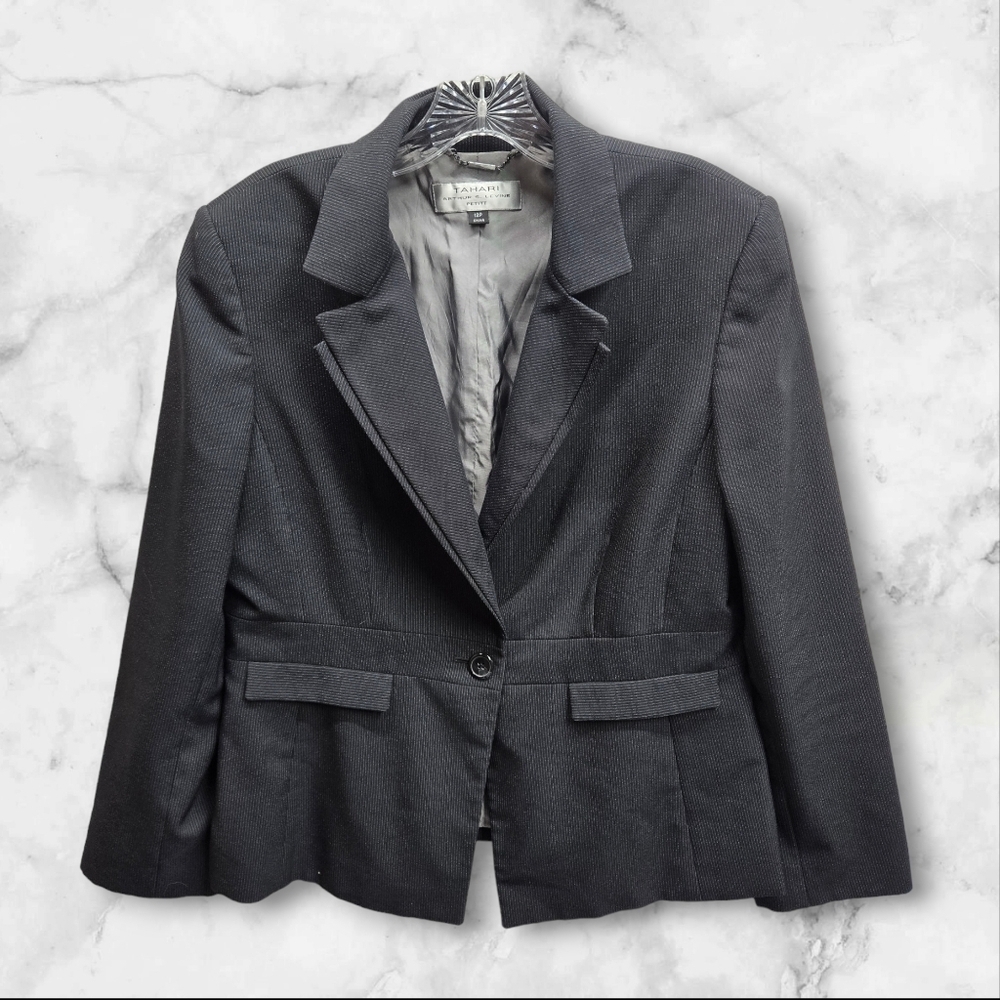 Tahari Blazer Jacket Womens Size 12P Petite Pinstripe Black Single Button Preppy